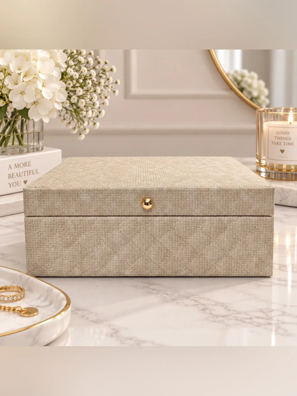 Linen-Effect Beige Jewelry Organizer Box with Mirror